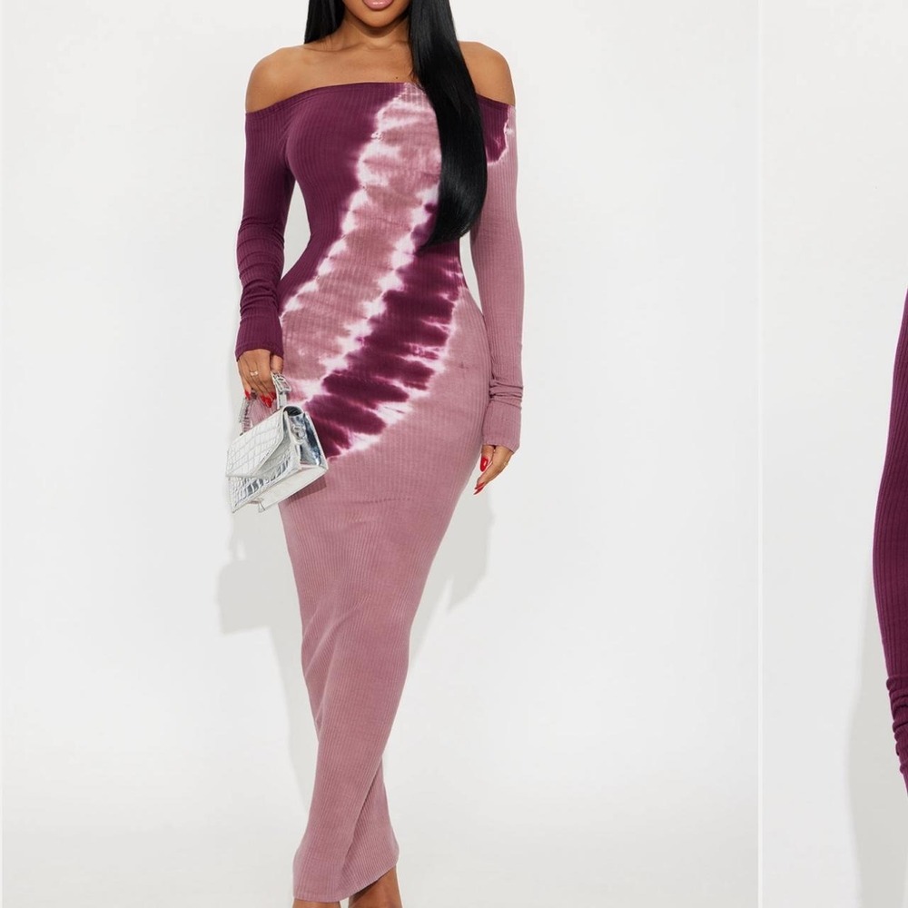Fashion Nova Burgundy Tie Dye Maxi Dress Long Sleeve Ribbed Plum Mauve Small